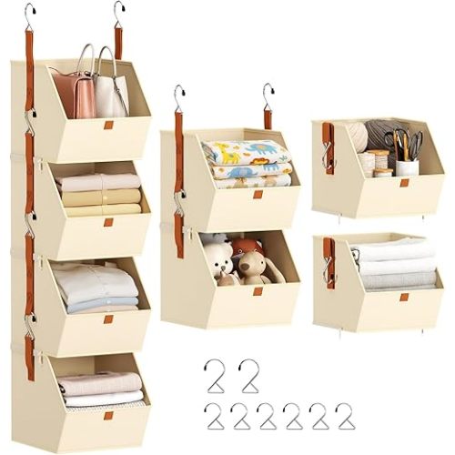 Hanging Closet Organizer 4 Tier - Clothes Hanging Shelves, Space-Saving Closet System, Fabric Storage Bins Bedroom Organization, Collapsible Baskets for Home, Dorm, Rv, Beige