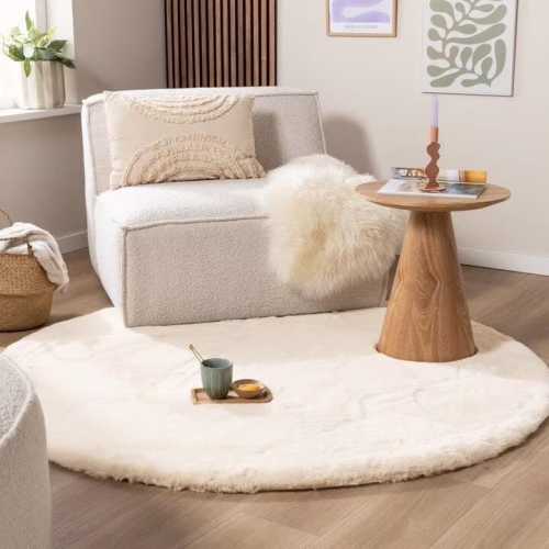 White Fluffy Rug: Plush Faux Fur Shag Carpet, 60cm Round