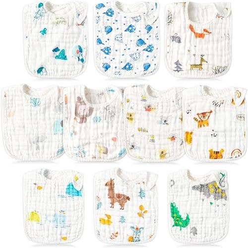 BUoonyer 10pcs Snap Muslin Cotton Bibs, Baby Bandana Drool Bibs, Adjustable Soft Absorbent Cotton Scarf