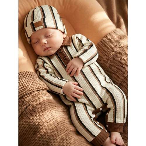 SHEIN Newborn Spring/Autumn Beige Brown Black Colorblock Korean Minimalist Family Matching Vertical Striped Lapel Long Sleeve Romper
