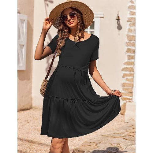 Ekouaer Nursing Dress Summer Short Sleeve Breastfeeding Casual Knee Length Maternity Dresses S-XXL