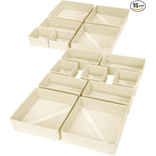DIMJ Drawer Organizer Clothes, 15 Pack Dresser Organizer, Foldable Closet Organizers and Storage, Fabric Dresser Bins, Drawer Dividers for Nursery, Baby Clothes, Underwears, Sock (Beige)