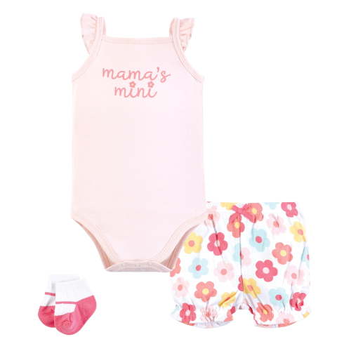 Hudson Baby Infant Girls Bodysuit, Short and Sock, Cheerful Flower Mini, 0-3 Months