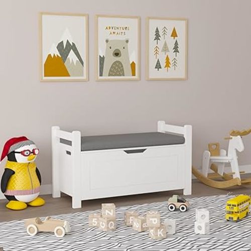 White Toy Storage Box with Cushion Seat Bench, Large Flip-Top Lid Toy Organizer for Nursery, Playroom, Kids' Room, Safety Hinge, Front Bookshelf, High-Density MDF, Easy Assembly