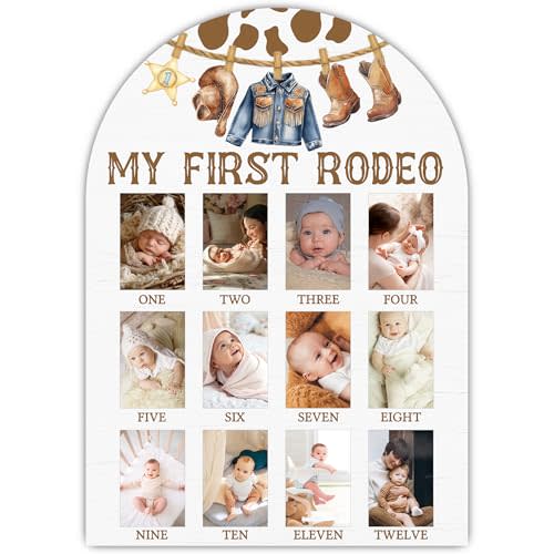 My First Year Photo Board, My First Rodeo Baby Milestone Signs for Boys Girls Nursery Decor, 12 Month Wooden Picture Board for 2x3 Photos, Best Babies Keepsake Gifts-A06