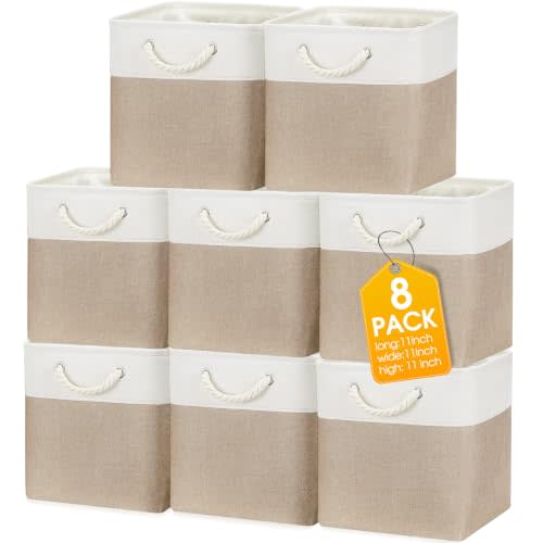 meekoo 8 Pack Fabric Storage Bins Baskets, 11 x 11 x 11 in, Beige | Collapsible Cloth Organizer with Rope Handles for Closet Shelves, Large Baskets for Home Bedroom Towels Toys Storage