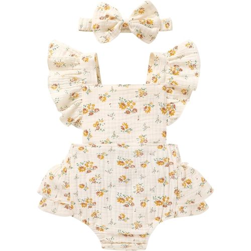 Happy Town Baby Girl Clothes Toddler Summer Linen Romper Sleeveless Ruffle Outfits Infant Girls Jumpsuit with Headband