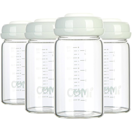 COMI Wide Neck Glass Breastmilk Collection n Storage Bottle, 4 Packs, 6oz with Screw Ring Sealing Disk; Re-markable Sealing Disc. BPA Free, Fits Breast Pumps & Nipples (4 Gray Lids)
