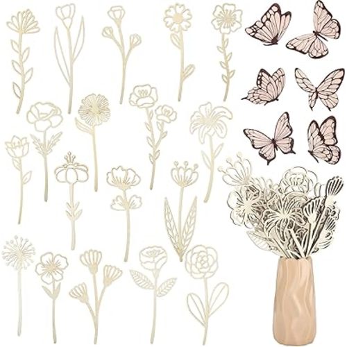 Yalikop 72 Pcs Wooden Wildflowers Wall Decor Set Boho Nursery Decor for Girl Baby Bedroom Decals Flowers Cutout Signs Wooden Butterflies Art for Nursery Baby Room Home