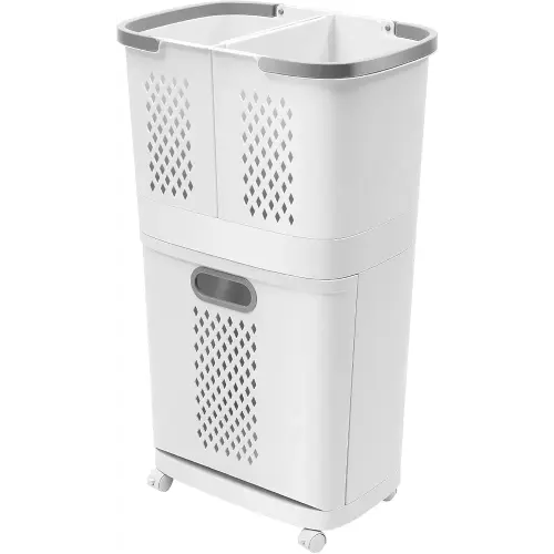 2 Tier Rolling Laundry Hamper Sorter Removable Clothes Hamper Organizer with Wheels White Portable Storage Baskets for Bedroom Laundry Room Bathroom