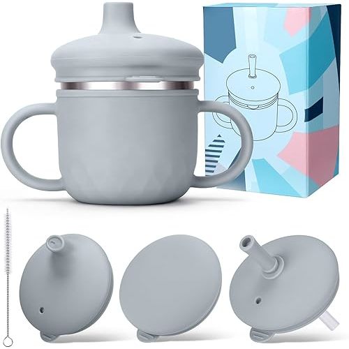 BUSOHA Stainless Steel Sippy Cups - 3 IN 1 Silicone Sippy Cup for Toddlers Baby Straw Cup with Brush Kids Cups with Lid and Silicon Straw Anti-Drop Spill Proof Cups for Travel,8 oz, Grey