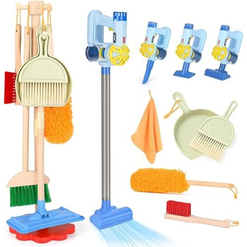 Dreamon Wooden Toddler Cleaning Set - 11Pcs Kids Cleaning Toy Set with 3-in-1 Kids Vacuum That Really Works, Montessori Cleaning Toys with Broom and Mop Set for Toddlers Girls Boys Age 3-6