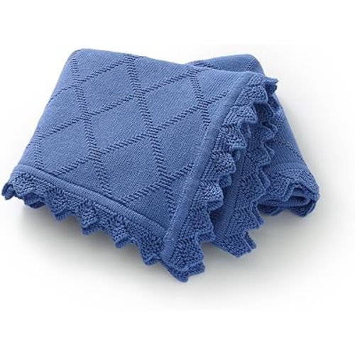 Hadetoto Knit Baby Blankets for Girls Boys, 100% Cotton Crib Blanket for Baby Infant Toddler, Super Soft and Lightweight Nursery Blankets (Blue)