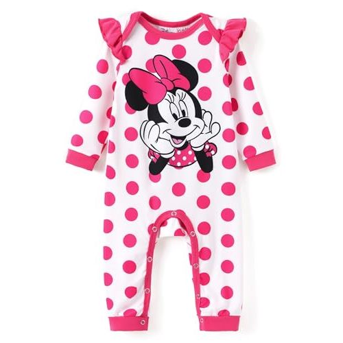 Disney Stitch Princess Minnie Winnie Marvel Baby Girls Ruffle Long Sleeve Romper Footie Outfit for Newborn to Toddler
