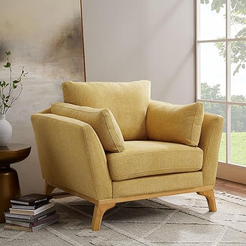 Large-Sized Accent Chair, Thick Cushion Bedroom Reading Chair, Comfortable Living Room Single Sofa, Linen Yellow