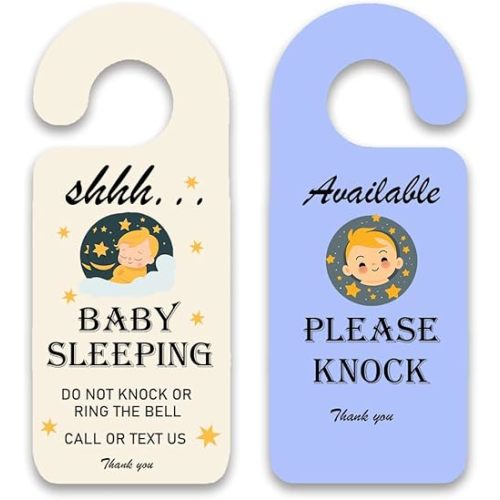 Baby Sleeping Sign for Front Door, 2pack Please Do not Knock or Ring Bell Baby Is Sleeping Double-sided PVC Door Sign- for Nursery Infants School Kindergarten & for New Mom New Born Gifts