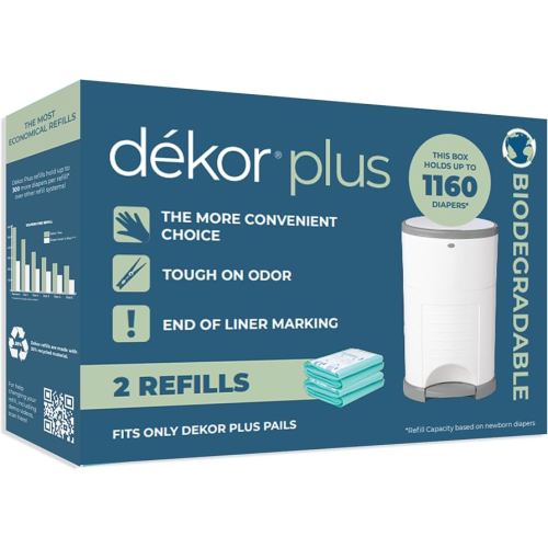 Diaper Dekor Plus Diaper Pail Biodegradable Refills | 2 Count | Most Economical Refill System | Quick & Easy to Replace | No Preset Bag Size – Use Only What You Need | Exclusive End-of-Liner Marking