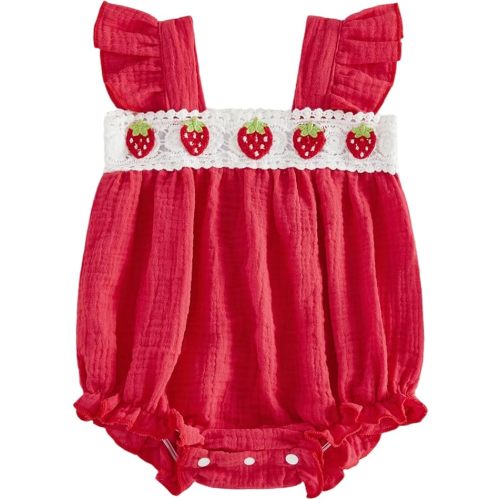 Newborn Baby Girl Summer Romper Flying Sleeve Strawberry Bubble Romper Infant Bodysuit Summer Clothes