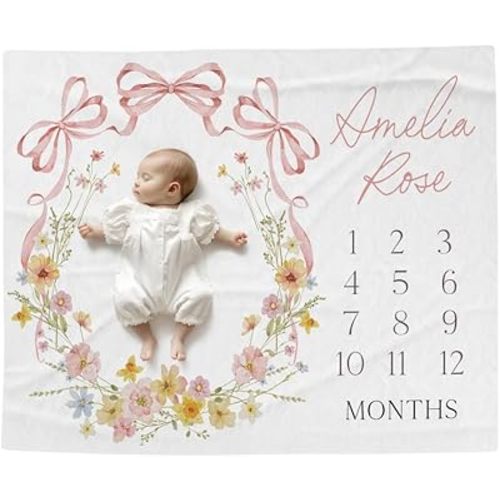 Personalized Pink Bow Blanket, Baby First Year Milestone Newborn Floral Monthly Growth Throw, Baby Girl Gift Minky Watch Me Grow Newborn Blanket