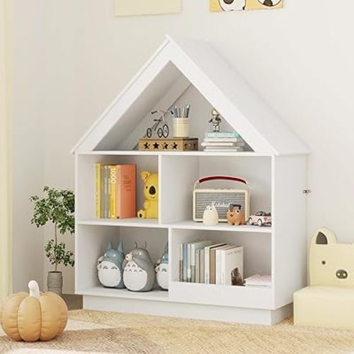 KOTEK Dollhouse Bookshelf and Toy Storage, 3-Tier House Shaped Bookcase for Organization & Decoration, Floor Standing Book Shelf for Kids Room, Playroom, Nursery (White)