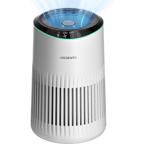MORENTO Air Purifiers for Home, Air Purifier for Smoke Pet Dander Odors with Fragrance Sponge, Small Air Purifier with Sleep Mode for Bedroom Office, Blue Ambient Light, MR2566, White,1 Pack+3 Modes