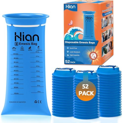 Hion Vomit Bags Disposable – 52 Pack 1000ml Emesis Bags – Leak Resistant, Medical Grade, Portable – Perfect for Motion, Car & Aircraft Sickness, Pregnant Women