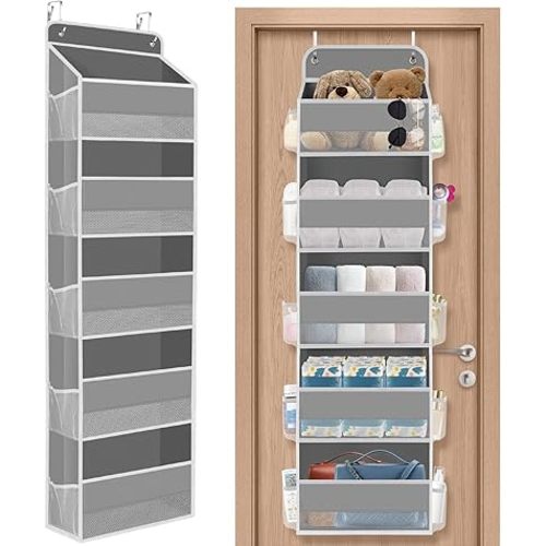 1 Pack Over The Door Organizer, Hanging Storage Organizer with Clear Window, 40lb Ultra Sturdy Large Capacity Room Organizer for Pantry Laundry Bathroom Nursery Closet Baby Essential (Grey)