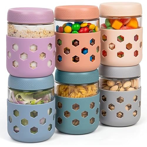 Gemice 6-Pack 16oz Glass Mason Jars with Silicone Sleeves, Airtight BPA-Free Overnight Oats Containers with Lids, Dishwasher Safe Leak-Proof Meal Prep Jars for Chia Pudding, Yogurt, Snacks