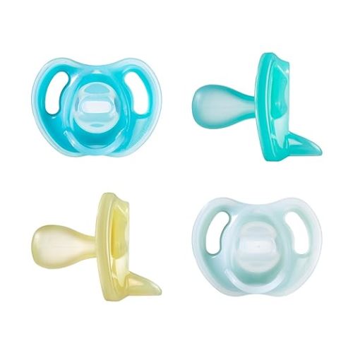 Tommee Tippee Ultra-Light Silicone Pacifier, 0-6 Months, Symmetrical One-Piece Design, BPA-Free Silicone Binkies, Blue/Green/Clear, Pack of 4