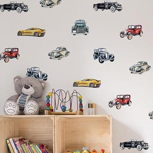 20 PCS Retro Cars Wall Decals Peel and Stick, Watercolor Cars Decals for Boys Room