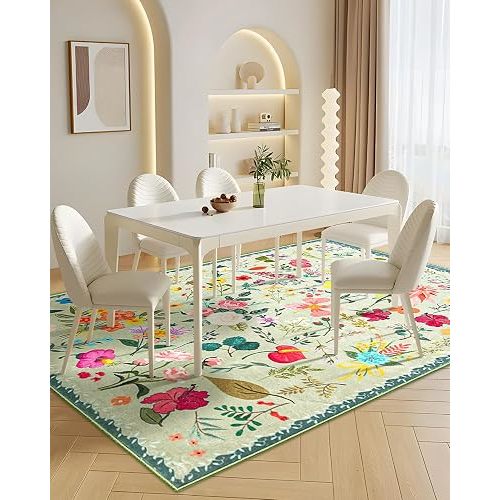 CRYPTOLITE Boho Washable Area Rug 5x7 – Floral Low Pile Non-Slip Carpet for Living Room, Bedroom, Office, Playroom, Entryway, Kitchen, Dining Room (Green)