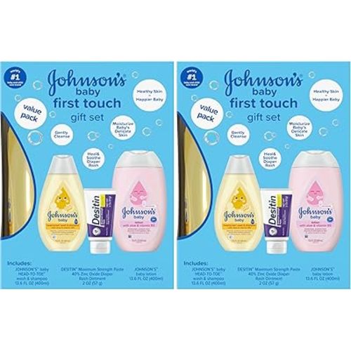 Johnson's First Touch Baby Gift Set, Baby Bath, Skin & Hair Essential Products, Kit for New Parents with Wash & Shampoo, Lotion, & Diaper Rash Cream, Hypoallergenic & Paraben-Free, 4 items (Pack of 2)