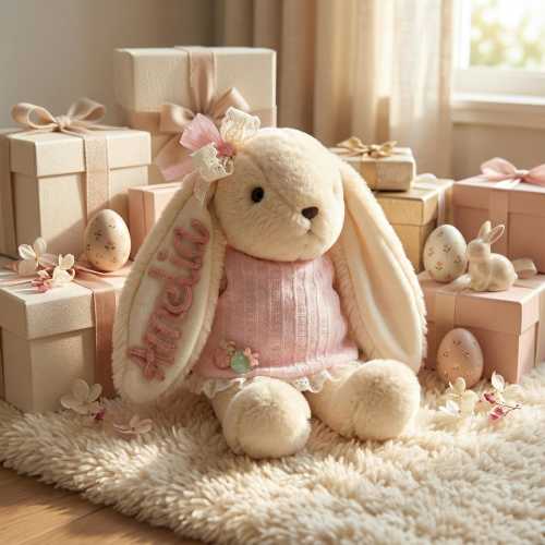 Neutral Easter Bunny Plush, Personalized Boho Baby Gift, Custom Yarn Name Rabbit, Beige Nursery Decor, Newborn Keepsake