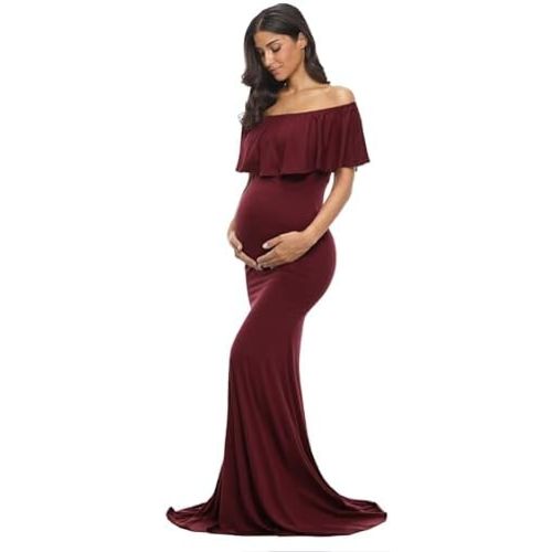 Glampunch Womens Off Shoulder Maternity Dress Ruffles Elegant Slim Gowns Fit Maxi Photography Dress