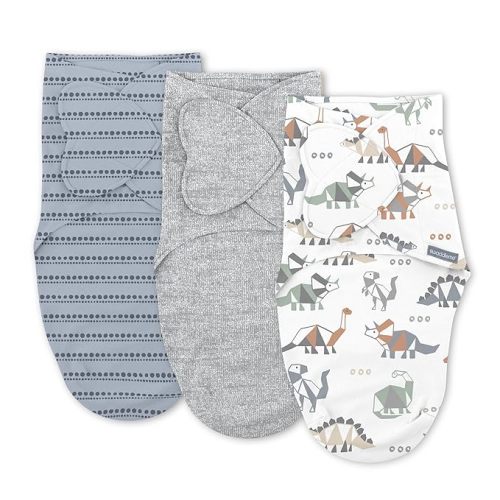 SwaddleMe by Ingenuity Monogram Collection Baby Swaddle, 100% Cotton, Improves Sleep & Calms Startle Reflex, 0-3 Months, Pocket Fold Design for Easy Changes, 1.0 TOG, 3-Pack - Dino Mite