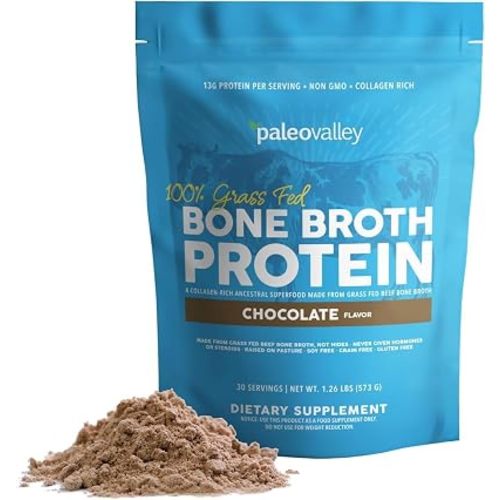 Paleovalley 100% Grass Fed Beef Bone Broth Protein Powder - Rich in Collagen Peptides for Hair, Skin, Gut Health, Bone and Joint Support - 13g Protein Per Serving - No Gluten or GMOs - Chocolate