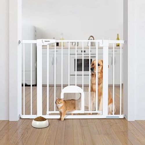 Babelio Baby Gate with Adjustable Cat Door,29-43" Auto Close Durable Pet door for Stairs,Doorways and House,Pressure Mounted,Easy Install,Effortless Walk Thru,White