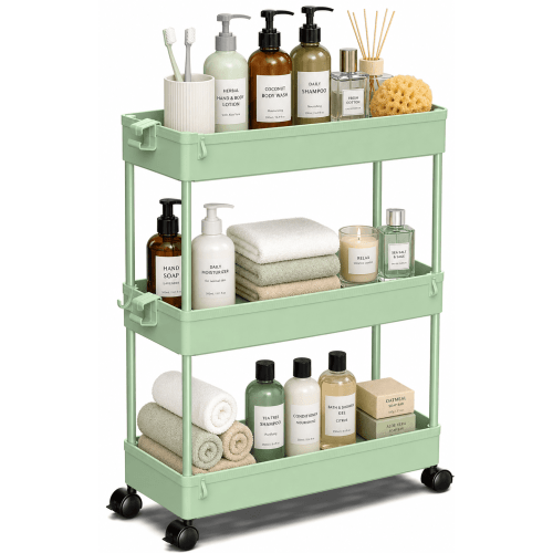 LLMRR 3 Tier Slim Rolling Storage Cart with wheels, Bathroom Storage Organizer, Kitchen Utility Cart, Narrow Shelf & Mobile Shelving Unit for Bathroom, Kitchen, Narrow Places, 3 Tier, Green