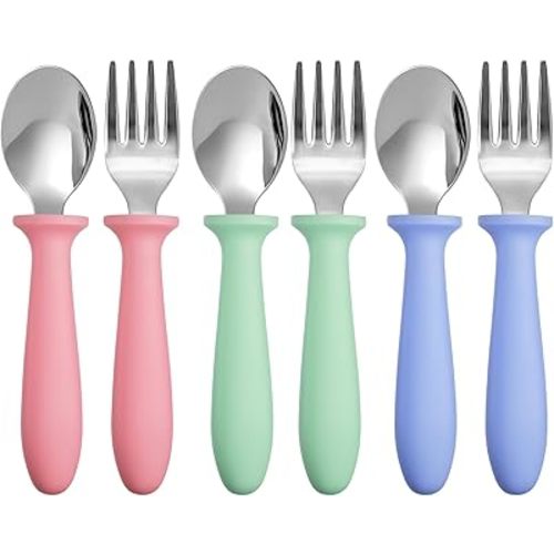 Pimoys 6 Pieces Toddler Utensils Forks and Spoons,Kids Silverware Set with Plastic Handle Stainless Steel Toddler Silverware,Dishwasher Safe