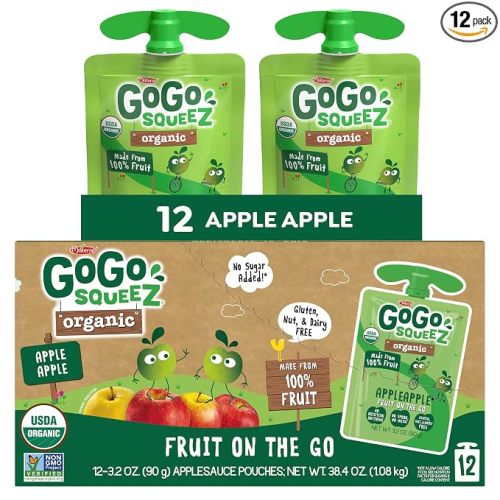 GoGo squeeZ No Sugar Added Organic Applesauce, Apple Apple, 12 Count