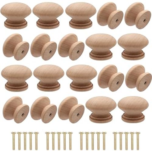 20Pcs Wooden Cabinet Knobs Unfinished Wood Knobs for Dresser Mushroom Drawer Knobs Pulls Handles (1.3" Dia., 1" Height, with Screws)