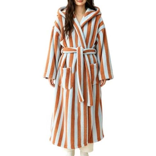 Yimoon Womens Striped Fluffy Robe Long Hooded Plush Warm Bathrobes