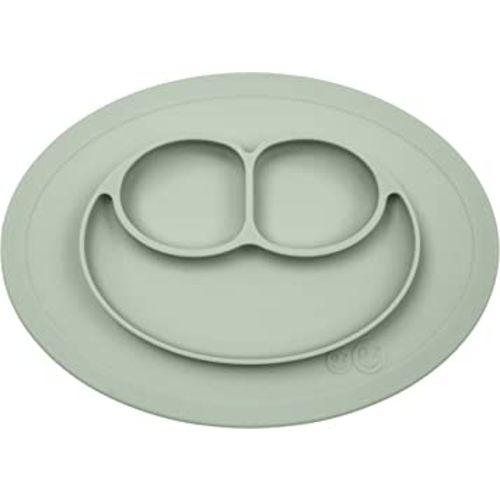 ezpz Mini Mat - 100% Silicone Suction Plate with Built-in Placemat for Infants + Toddlers - First Foods + Self-Feeding - Comes with a Reusable Travel Bag (Sage)