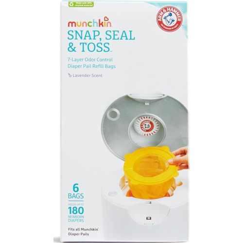 Munchkin® Arm & Hammer Diaper Pail Snap, Seal & Toss™ Refill Bags, Holds up to 180 Newborn Diapers, 6 Pack