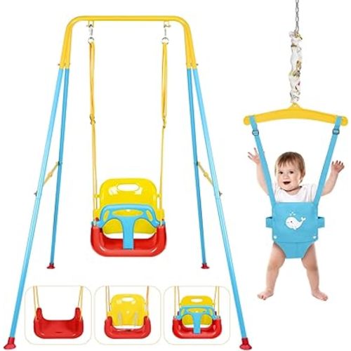 4-in-1 Toddler Swing Set & Baby Jumper and Bouncers, Heavy Duty Baby Swing Set with Foldable Metal Stand for Indoor & Outdoor, Suitable for Children 6 Months and Older, Easy to Assemble & Store