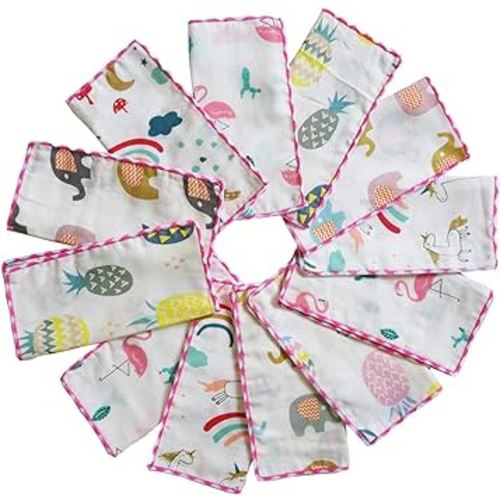 Omilion Muslin Baby Washcloths Set(12-Pack), Natural Cotton Infant Bath Towel, Soft Toddler Face Towel Gift Registry Newborn Baby Shower, 9x9 Inches, Tropical Rainforest (Square)