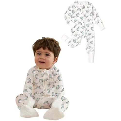 PATPAT Organic Cotton Baby Footie Pajamas with Two-Way Zipper & Fold-Over Mittens, Soft Stretchy Romper for Newborn Boy Girl
