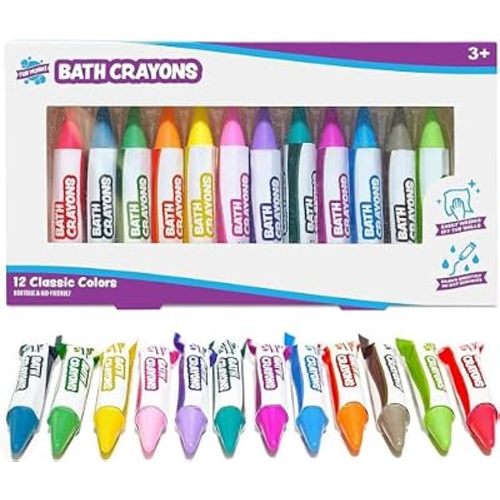 Tub Works® Smooth™ Bath Crayons Bath Toy, 12 Pack | Nontoxic, Washable Bath Crayons for Toddlers & Kids | Unique Formula Draws Smoothly & Vividly on Wet & Dry Tub Walls | Hexagon Grip Bathtub Crayons