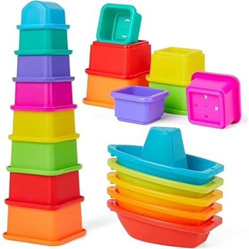 Bath Toys for Kids Ages 1-3-5, 13 PCS Toddler Bath Toys for 2-4 Bathtub Water Table Pool Toys Rainbow Floating Boats with Baby Stacking Cups for Babies 6-12 Months Early Learning Educational Gifts