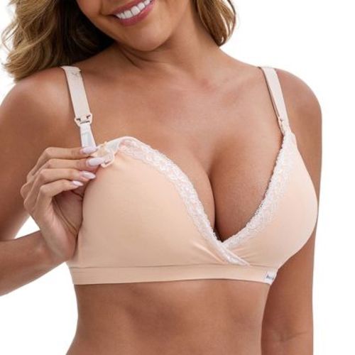 INSPIRE CHIC Women's Lace Trim Wireless Plunge Lift Up Nursing Bras Front-Cross Buckled Straps Back Hooks Nursing Bra Large Beige
